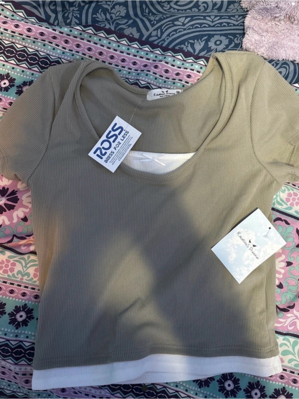 Olive Ribbed Scoop Crop Top with White Hem
